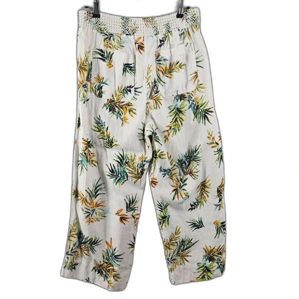 New Westbound XL Linen Blend Pants Hawaiian Print Wide Leg Flowy Shirred Waist